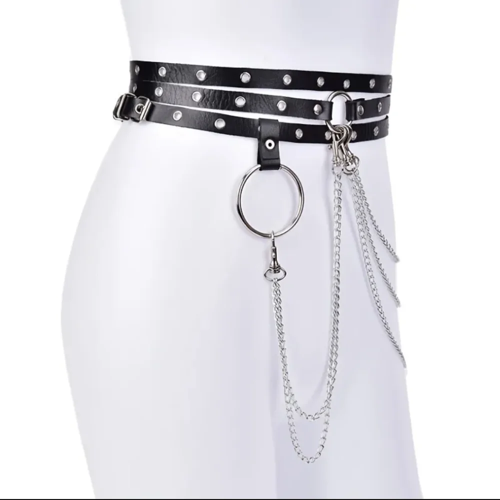 Woman's Black Waist Belt With Chain - Picture 3 of 7